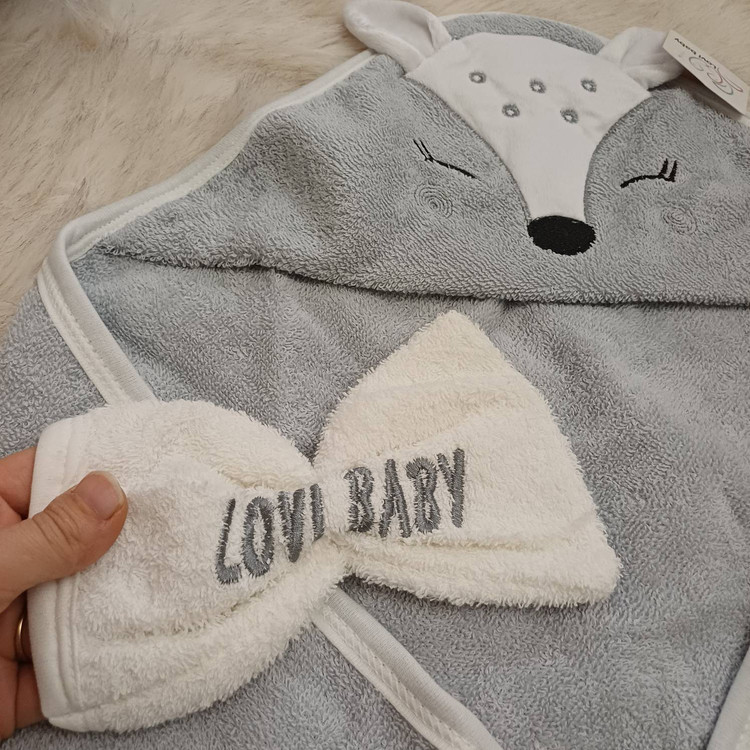 حوله نوزادی دو تکه Lovi Baby کلاهدار + لیف | بدون پرز و حساسیت