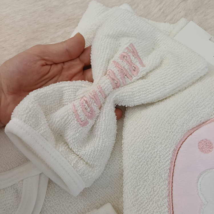 ست سیسمونی دخترانه Lovi Baby | شامل تنپوش، کلاهدار، دستی، لیف و پاپوش | بستهبندی توری