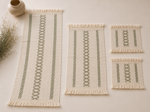 رومیزی چهار تکه مراکشی مکرومه مینیمال اورجینال سبز